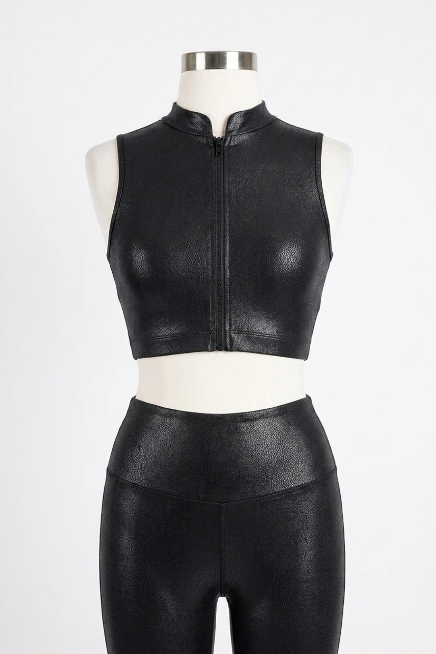 NEW BLOCH zola zip front leather look crop top in black